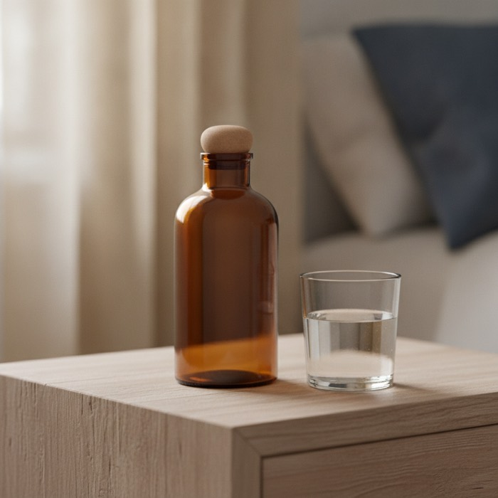 Fotografia editoriale: una boccetta di vetro ambrato non etichettata e un bicchiere d'acqua su un comodino di legno