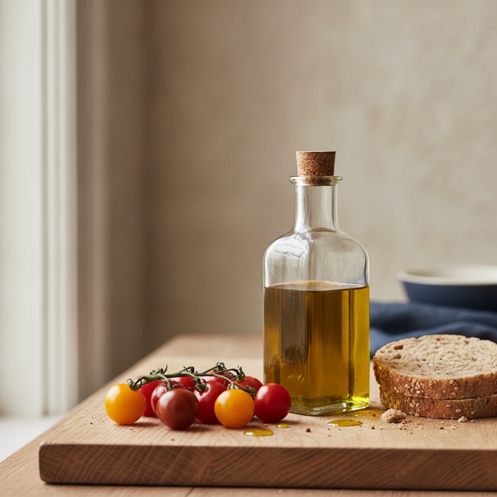 Fotografia editoriale: pomodorini, una bottiglia di olio d'oliva e pane integrale su un tagliere di legno