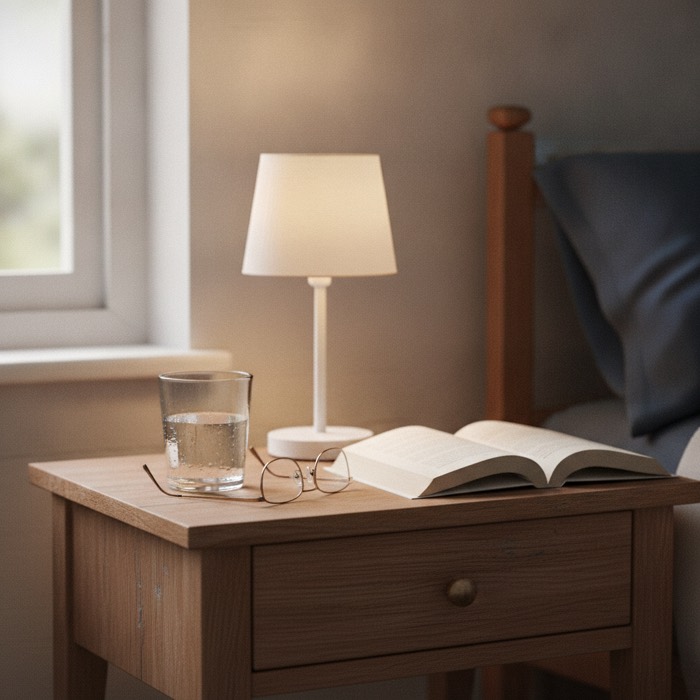 Fotografia editoriale: una lampada da comodino accesa, occhiali da lettura e un bicchiere d'acqua su un comodino di legno