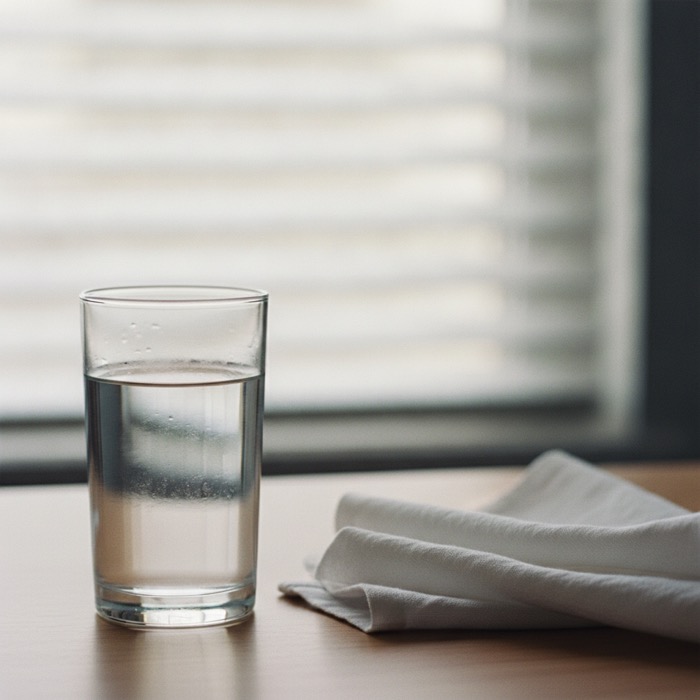 Bicchiere d'acqua e tovagliolo su un tavolo davanti alla finestra