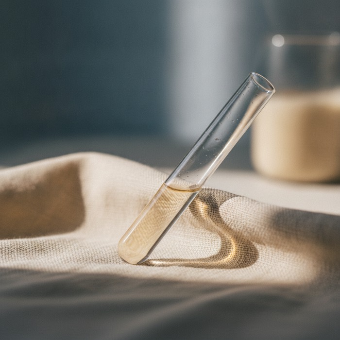 Fotografia editoriale: una provetta di vetro con un velo di liquido chiaro, adagiata su un lino caldo